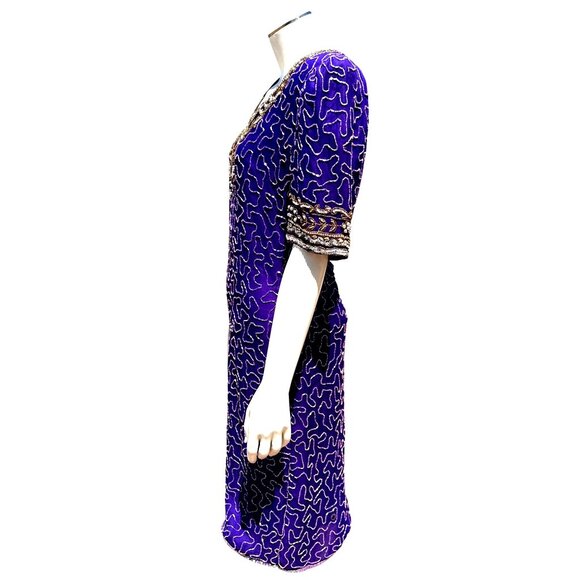 All Silk Vintage Dress by Lawrence Kazar Med Purple Beaded Cocktail Dress Glam - Picture 7 of 12